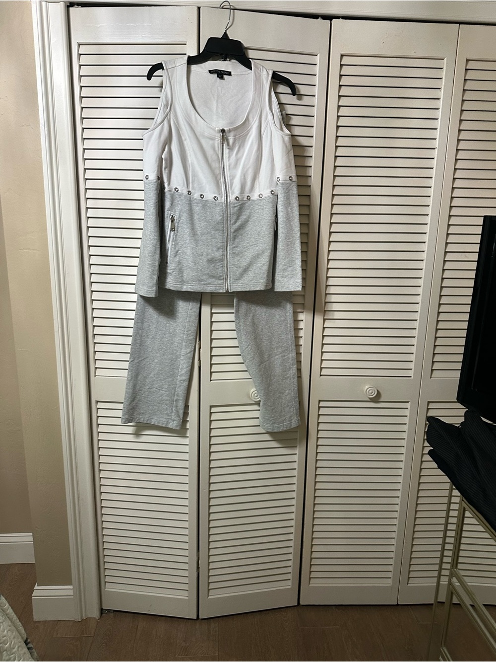 Boston Proper cold shoulder, zip front loungewear.